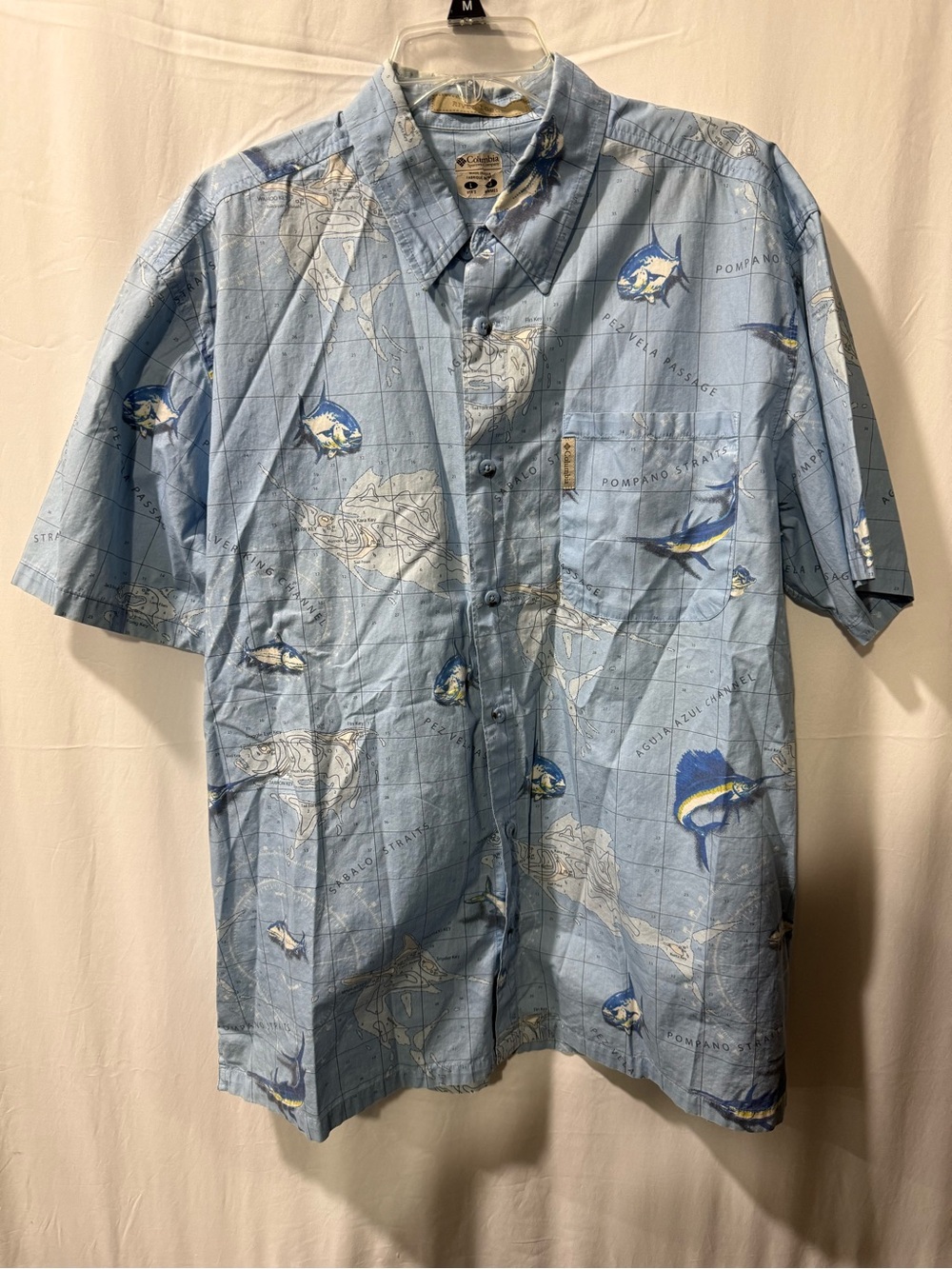 Columbia Light Blue Short-Sleeve Button-Down Shirt with Fish Motif